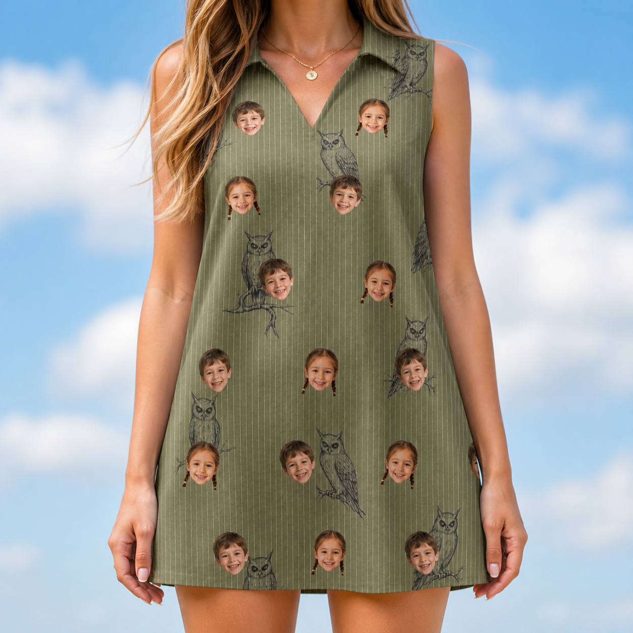 Model wearing Women's Owloween Custom Face V-Neck Dress printed with kids' faces