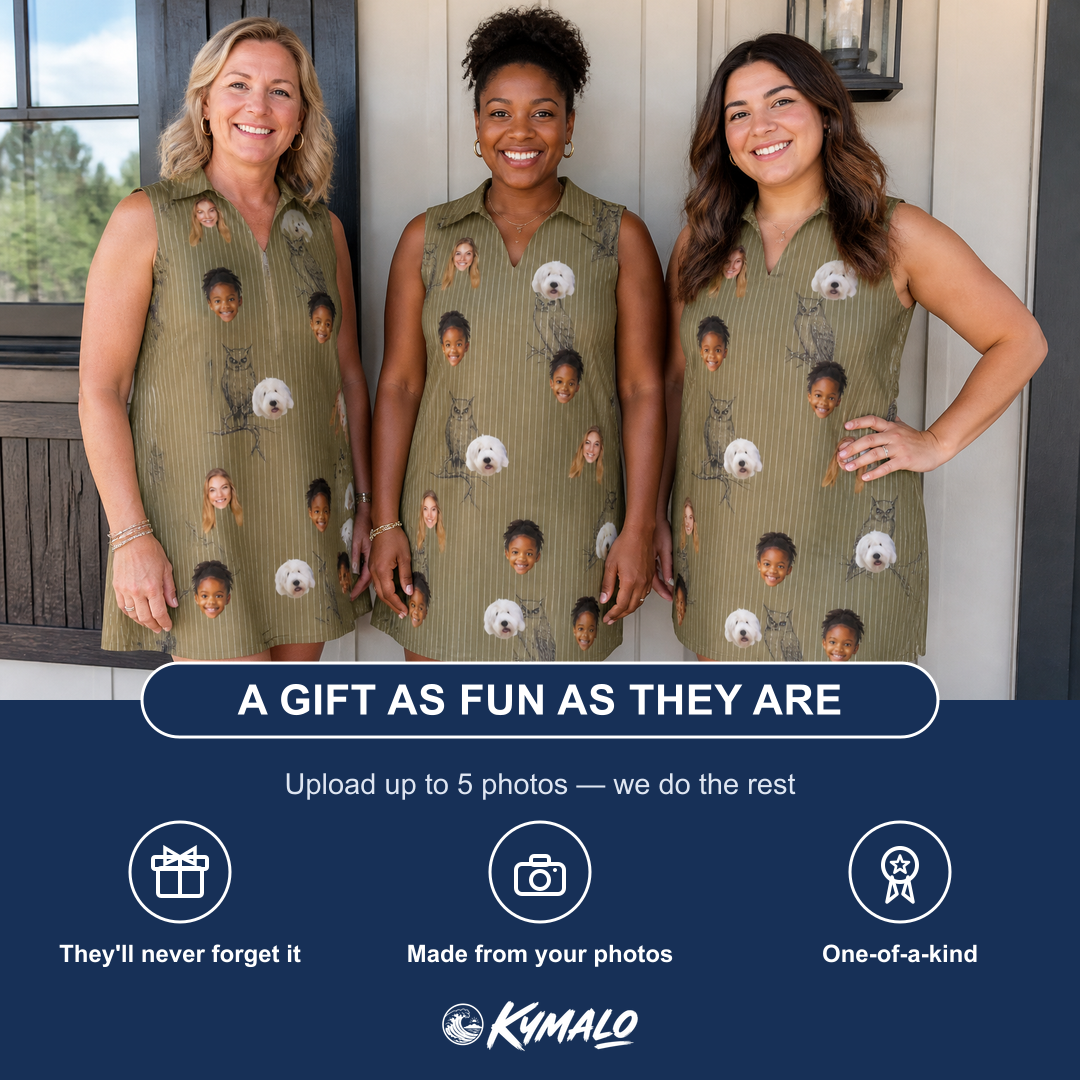 Friends in matching Women's Owloween Custom Face V-Neck Dress — a group gift photo