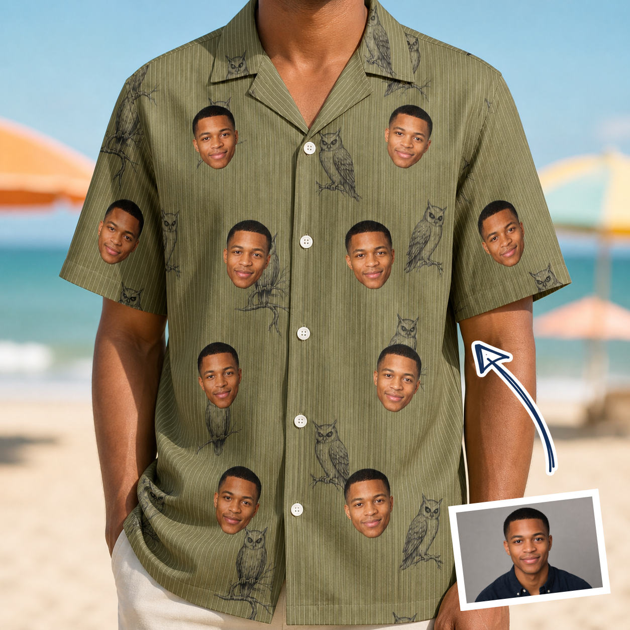 Man wearing Men's Owloween Custom Face Hawaiian Shirt — custom faces printed all-over