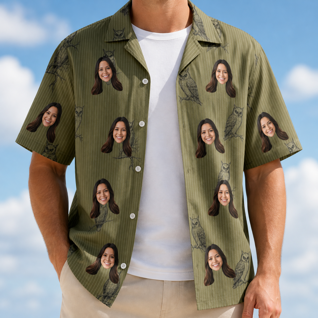 Man wearing Men's Owloween Custom Face Hawaiian Shirt open over a white tee