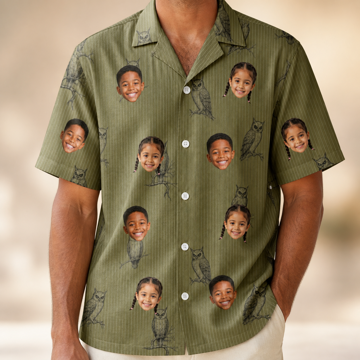 Model wearing Men's Owloween Custom Face Hawaiian Shirt printed with kids' faces