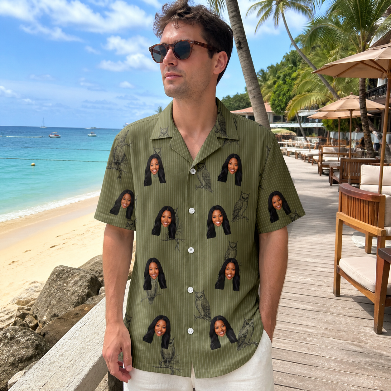 Real-life photo of someone wearing Men's Owloween Custom Face Hawaiian Shirt — custom faces printed all-over
