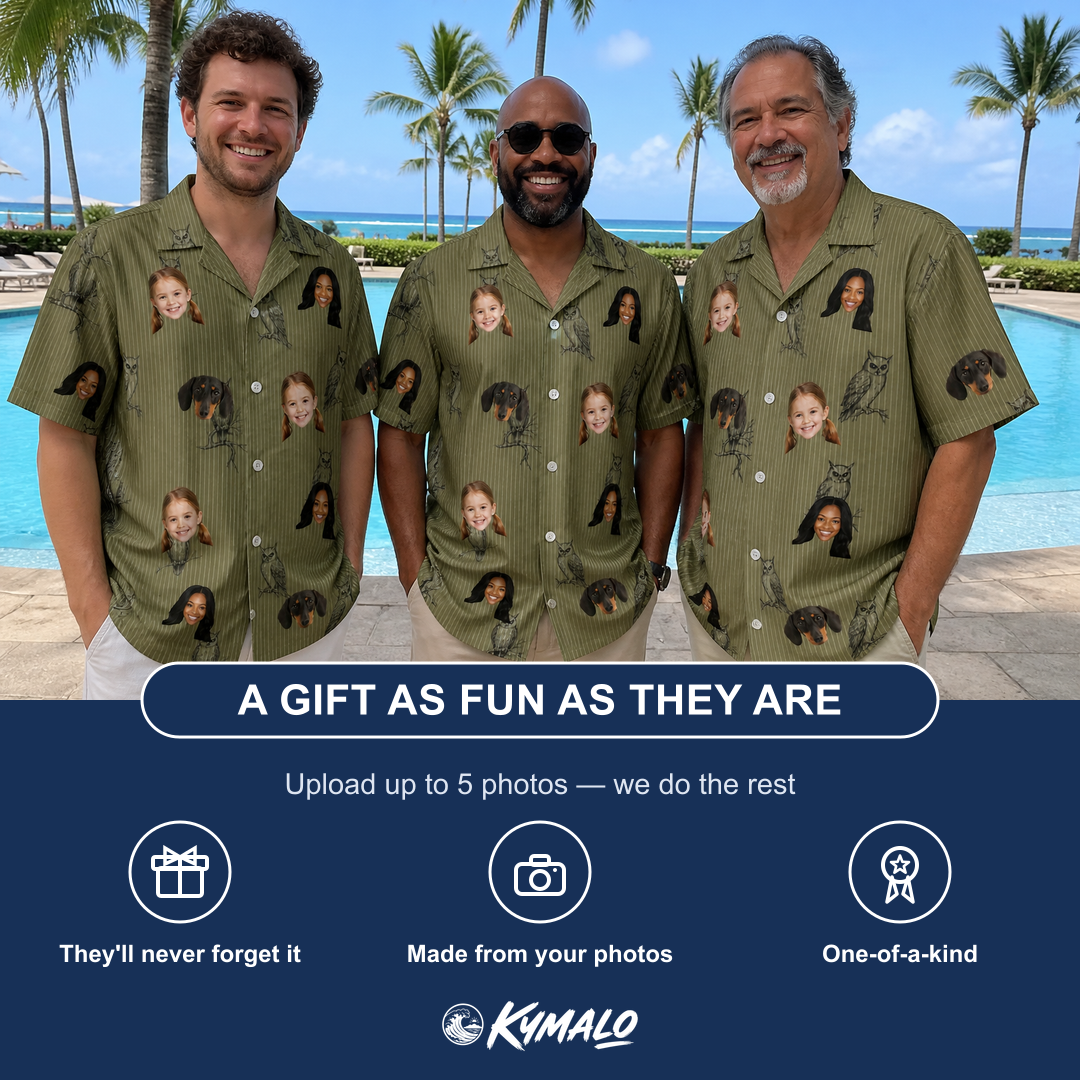 Friends in matching Men's Owloween Custom Face Hawaiian Shirt — a group gift photo