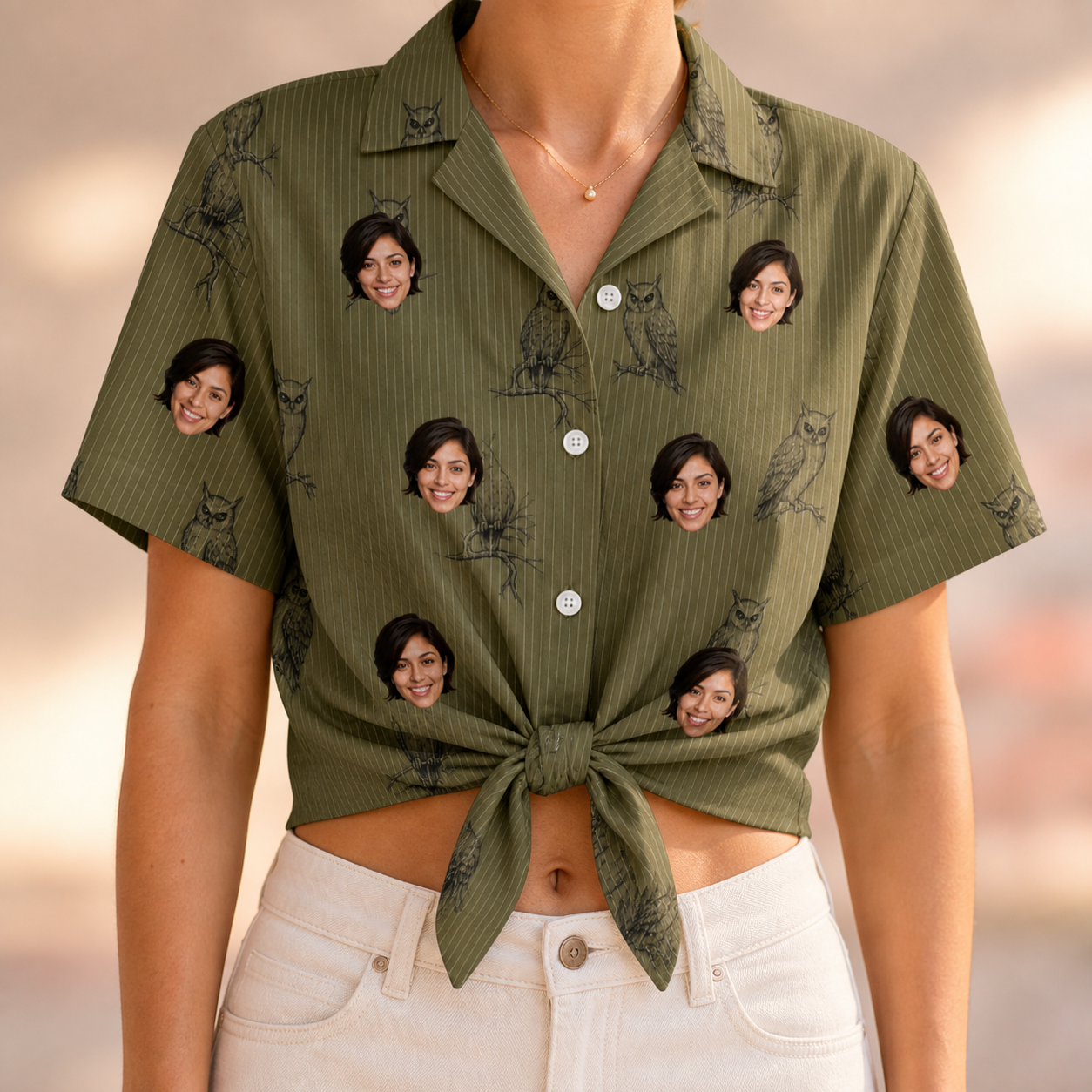 Woman wearing Women's Owloween Custom Face Hawaiian Shirt tied at the waist