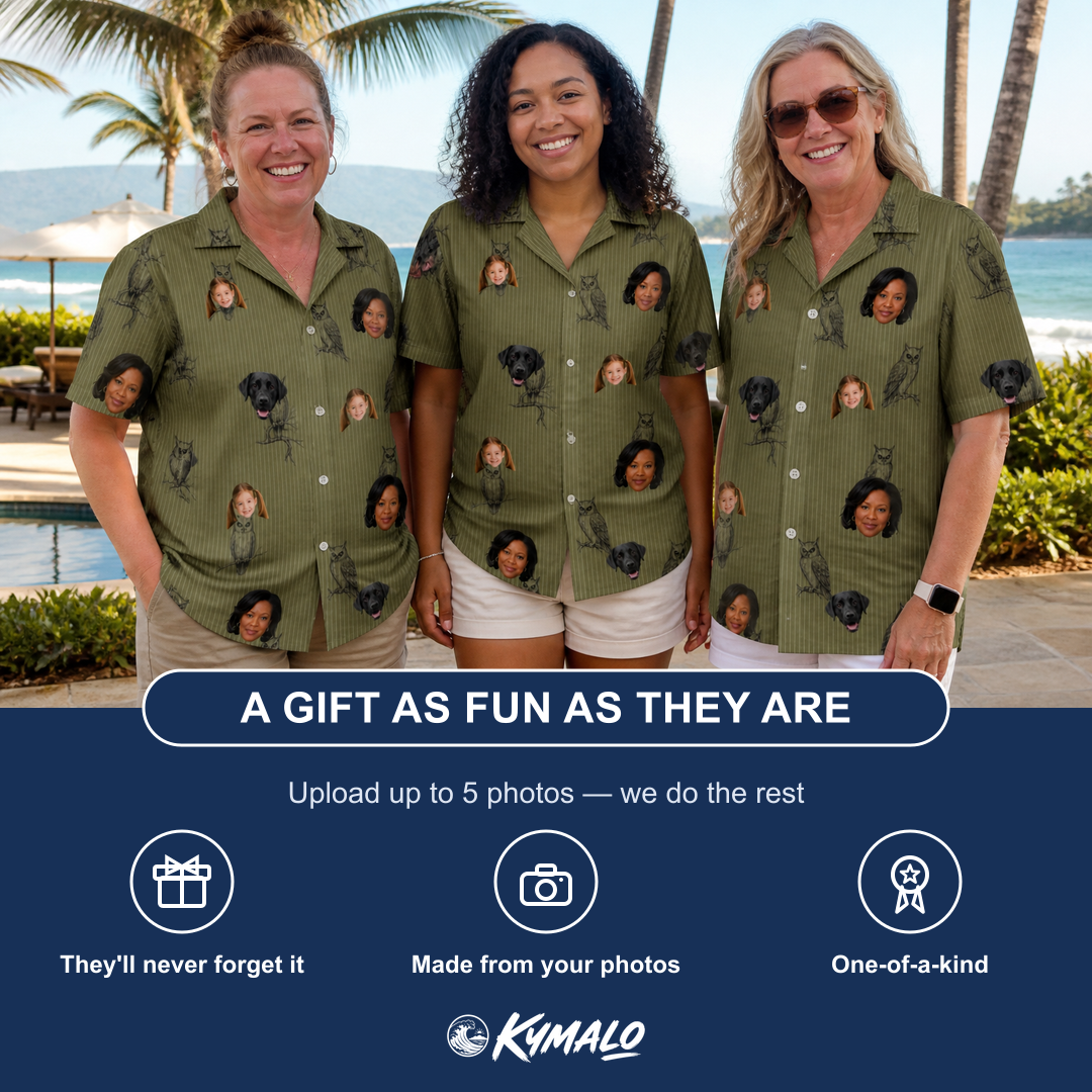 Friends in matching Women's Owloween Custom Face Hawaiian Shirt — a group gift photo