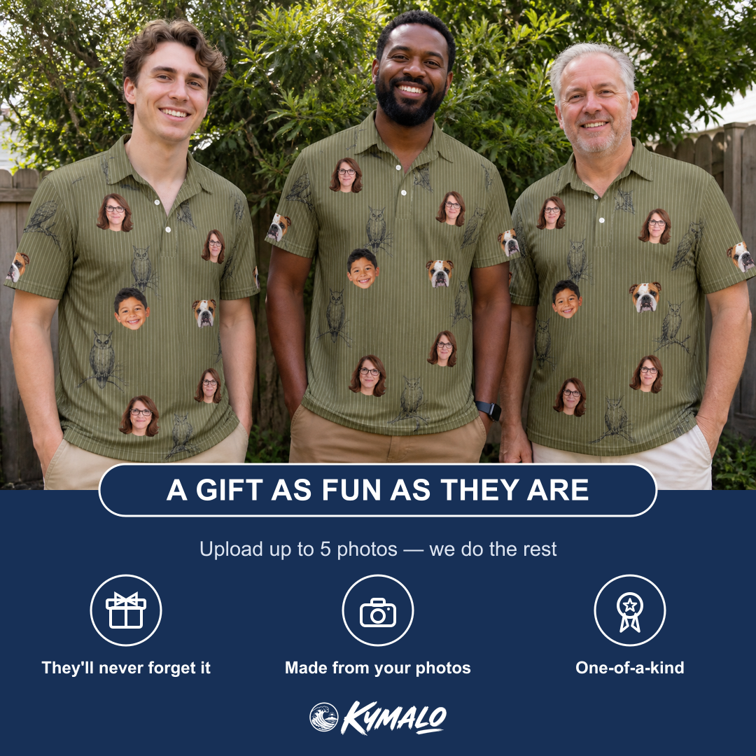 Friends in matching Men's Owloween Custom Face Polo Shirt — a group gift photo