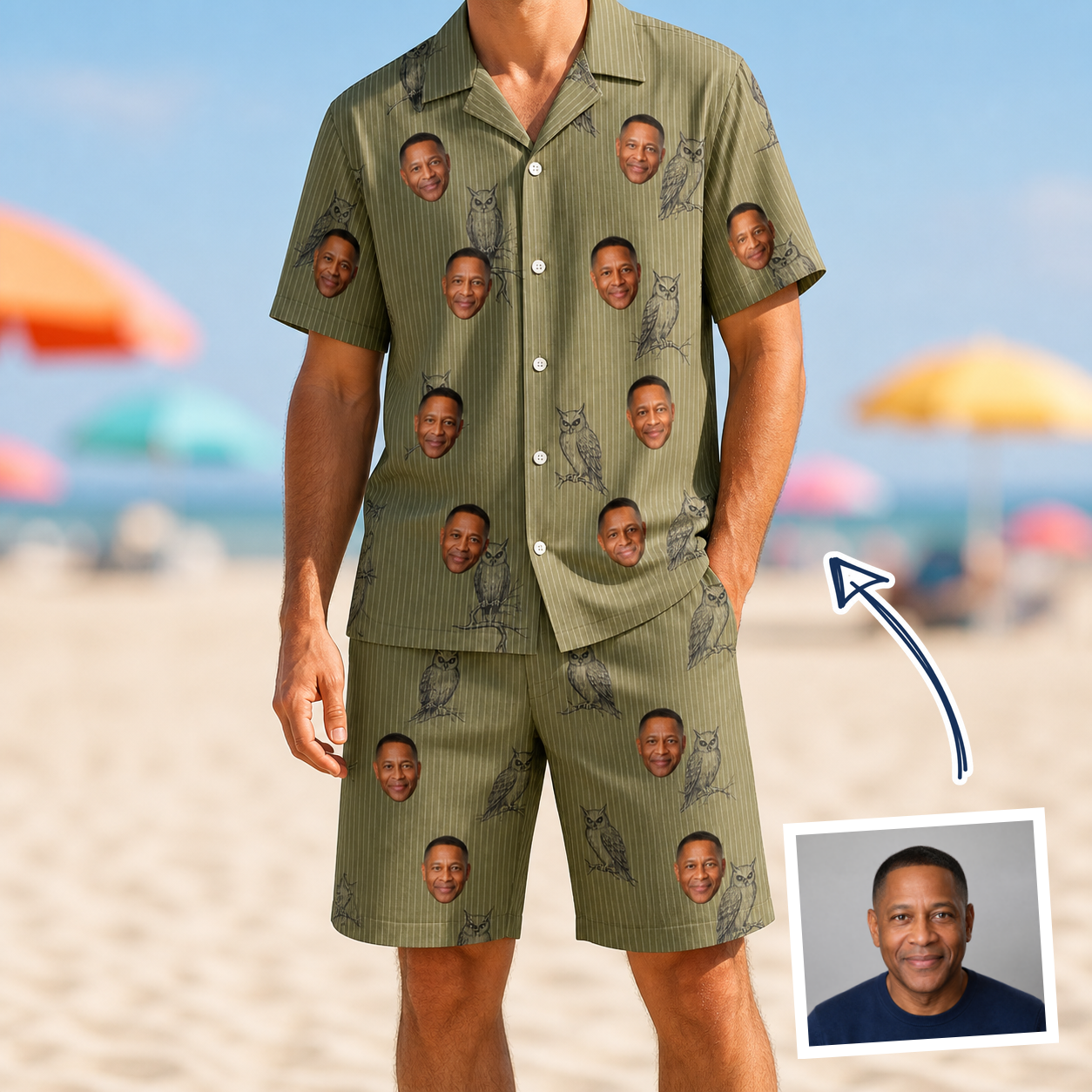 Man wearing Men's Owloween Custom Face Shirt & Shorts Set — custom faces printed all-over