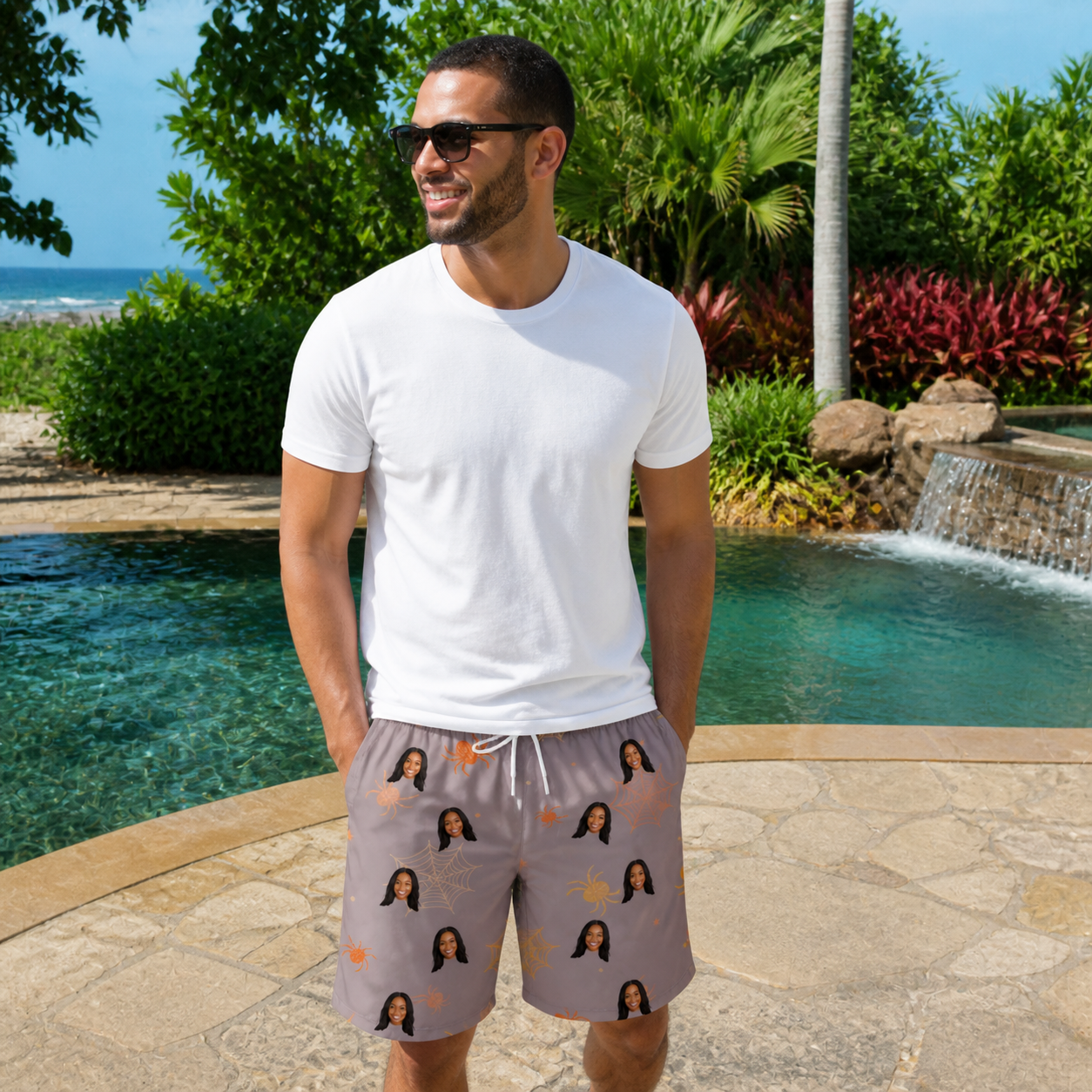 Real-life photo of someone wearing Men's Haunted Lattice Custom Face Beach Shorts — custom faces printed all-over