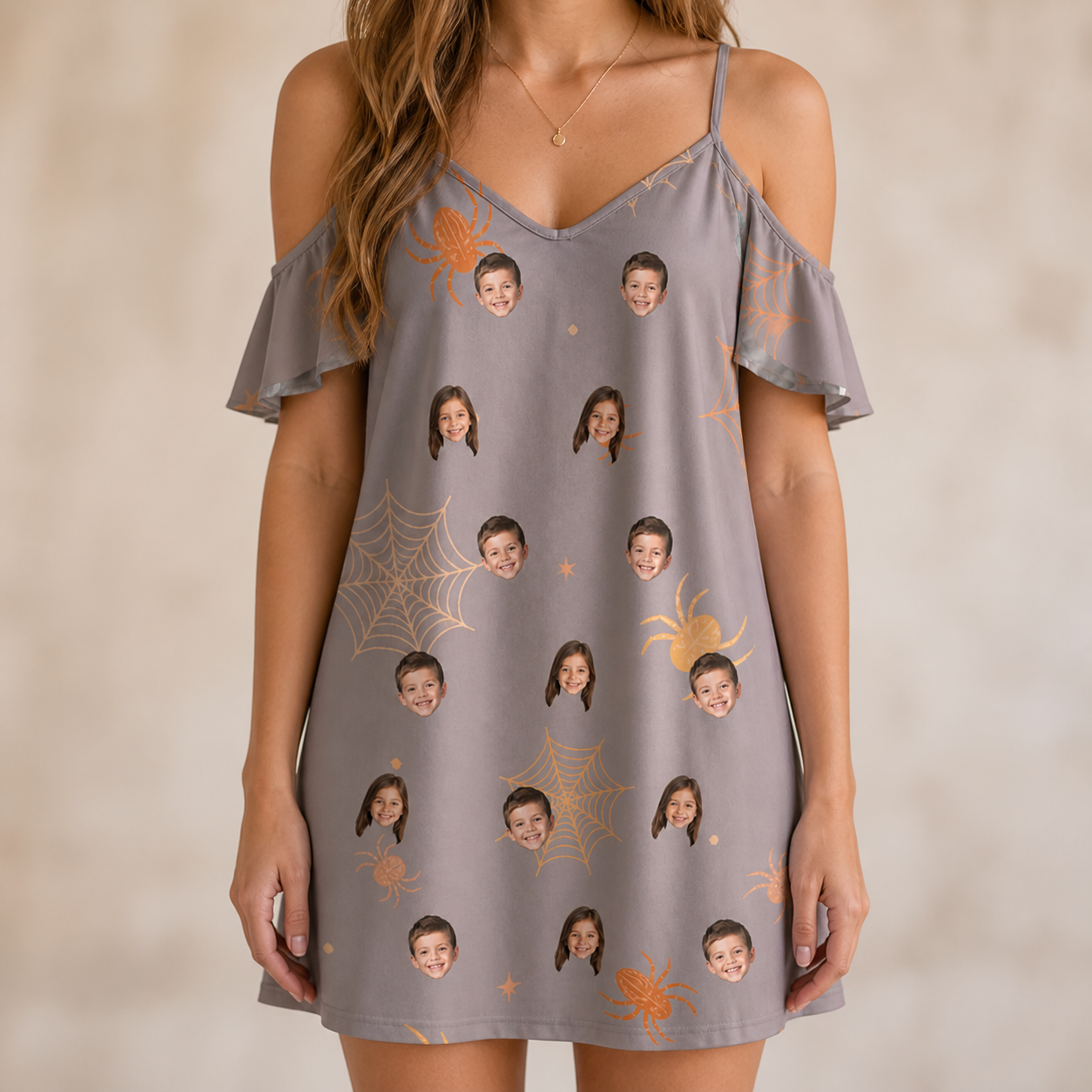 Model wearing Women's Haunted Lattice Custom Face Off-Shoulder Dress printed with kids' faces