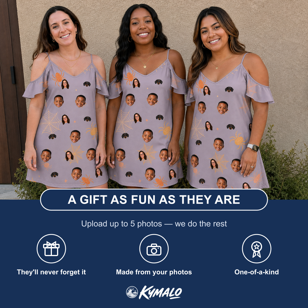 Friends in matching Women's Haunted Lattice Custom Face Off-Shoulder Dress — a group gift photo