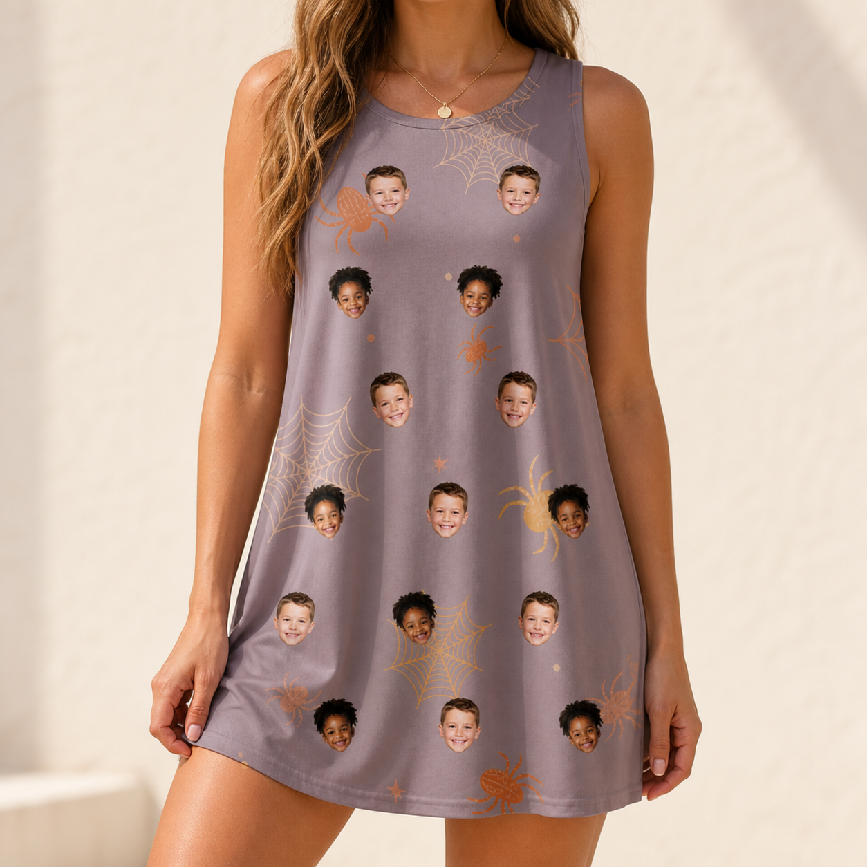 Model wearing Women's Haunted Lattice Custom Face Tank Dress printed with kids' faces
