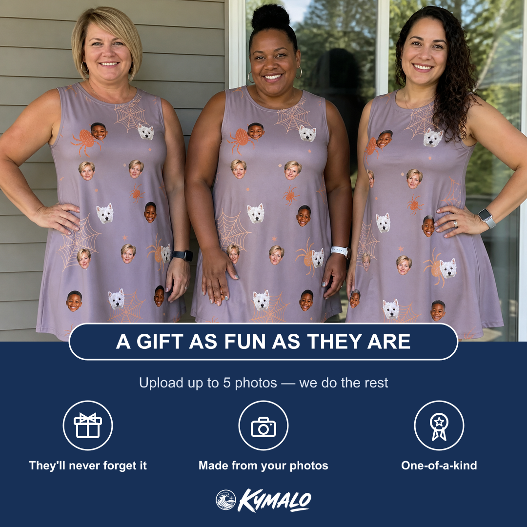 Friends in matching Women's Haunted Lattice Custom Face Tank Dress — a group gift photo