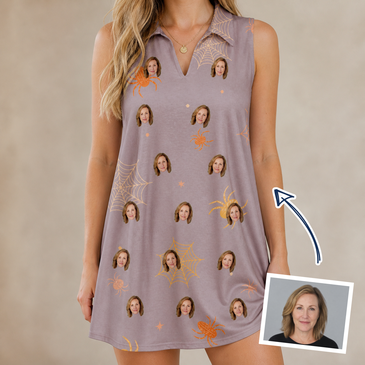 Woman wearing Women's Haunted Lattice Custom Face V-Neck Dress — custom faces printed all-over