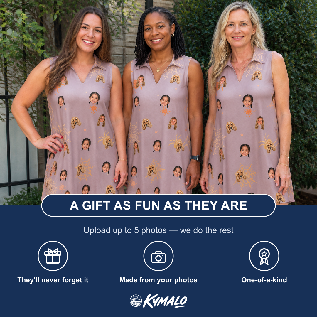 Friends in matching Women's Haunted Lattice Custom Face V-Neck Dress — a group gift photo