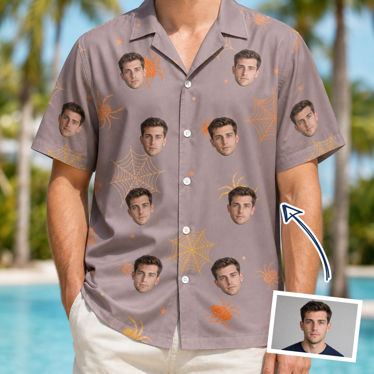 Man wearing Men's Haunted Lattice Custom Face Hawaiian Shirt — custom faces printed all-over