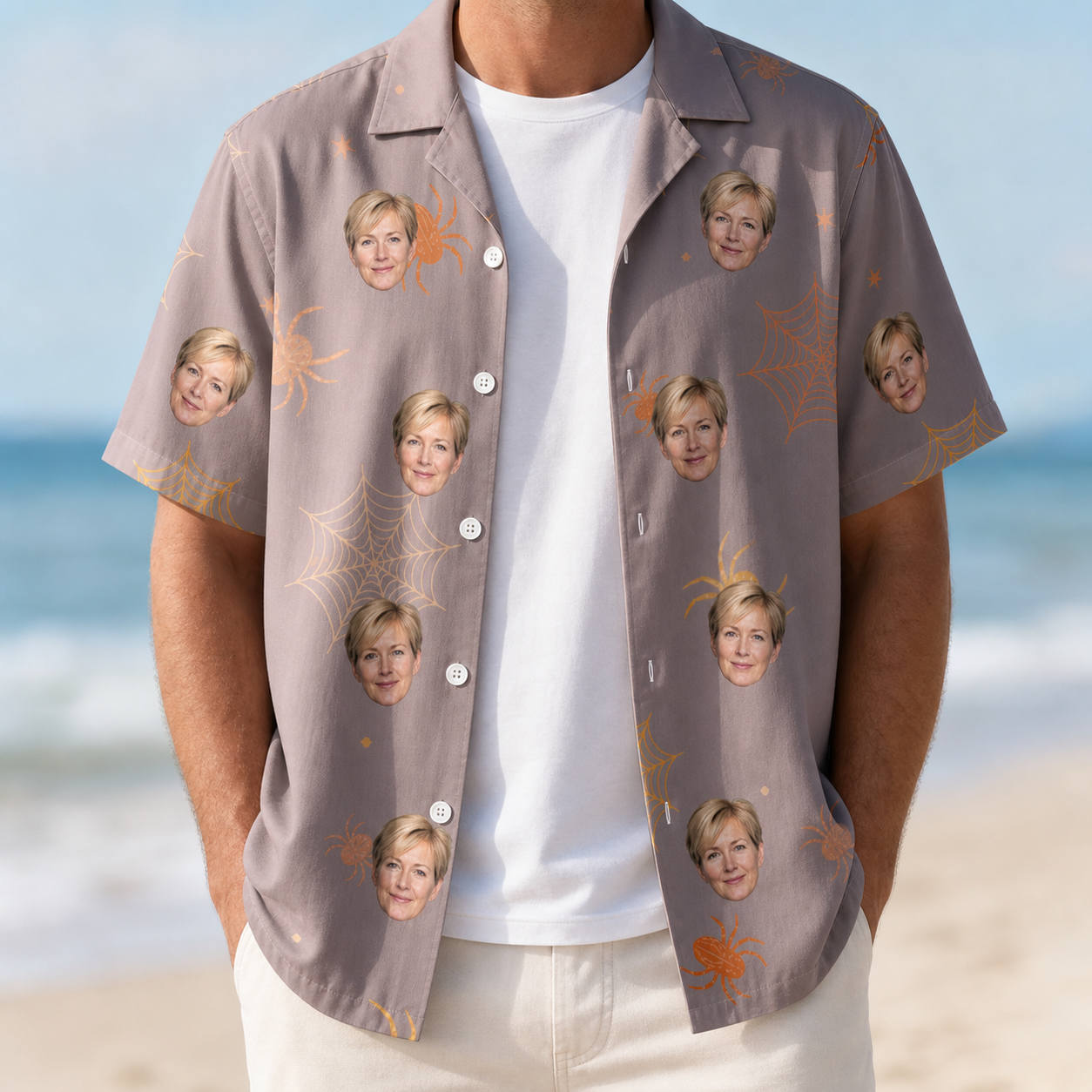 Man wearing Men's Haunted Lattice Custom Face Hawaiian Shirt open over a white tee