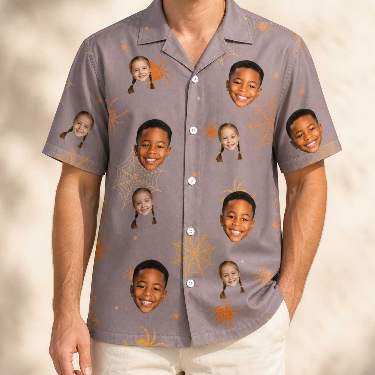 Model wearing Men's Haunted Lattice Custom Face Hawaiian Shirt printed with kids' faces
