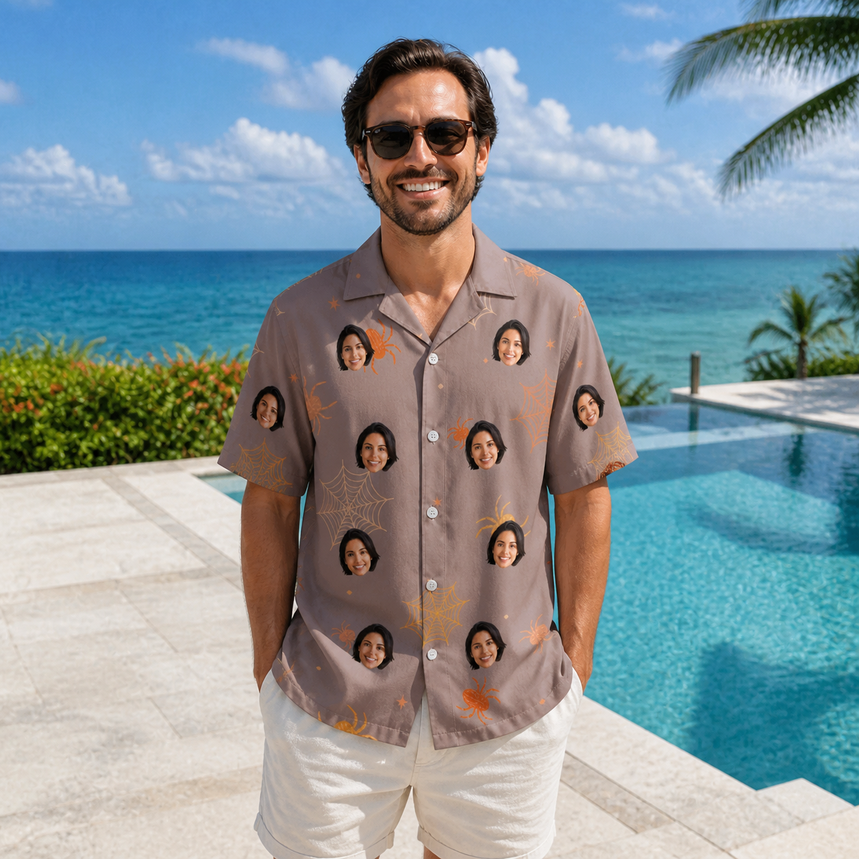 Real-life photo of someone wearing Men's Haunted Lattice Custom Face Hawaiian Shirt — custom faces printed all-over