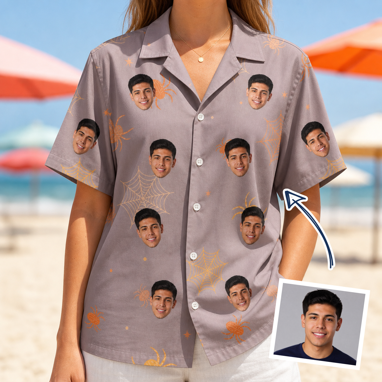 Woman wearing Women's Haunted Lattice Custom Face Hawaiian Shirt — custom faces printed all-over