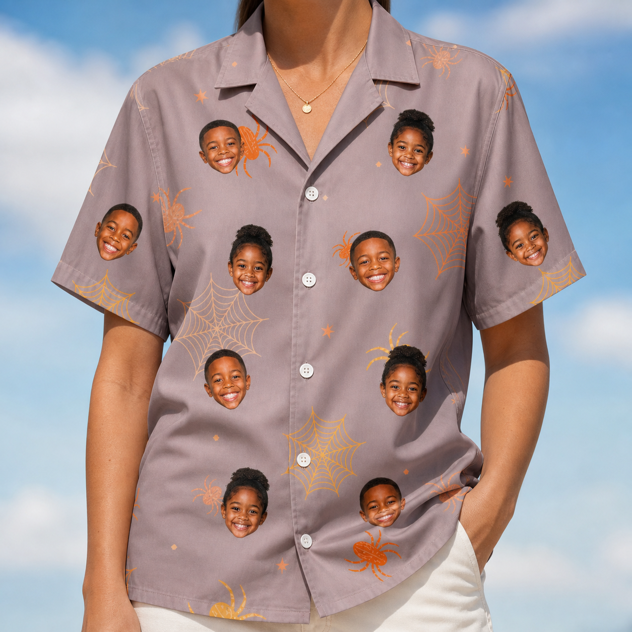 Model wearing Women's Haunted Lattice Custom Face Hawaiian Shirt printed with kids' faces