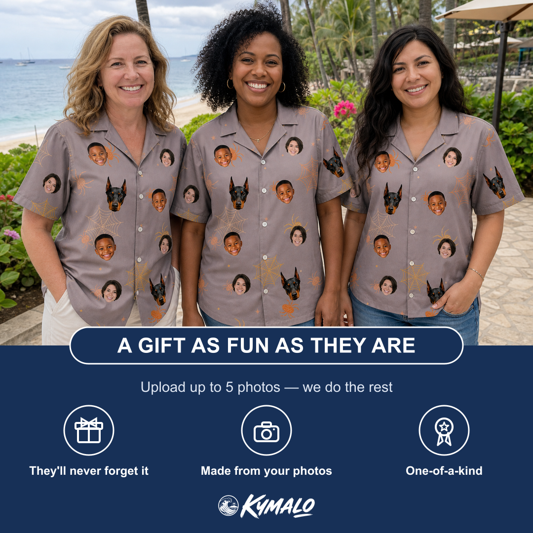 Friends in matching Women's Haunted Lattice Custom Face Hawaiian Shirt — a group gift photo