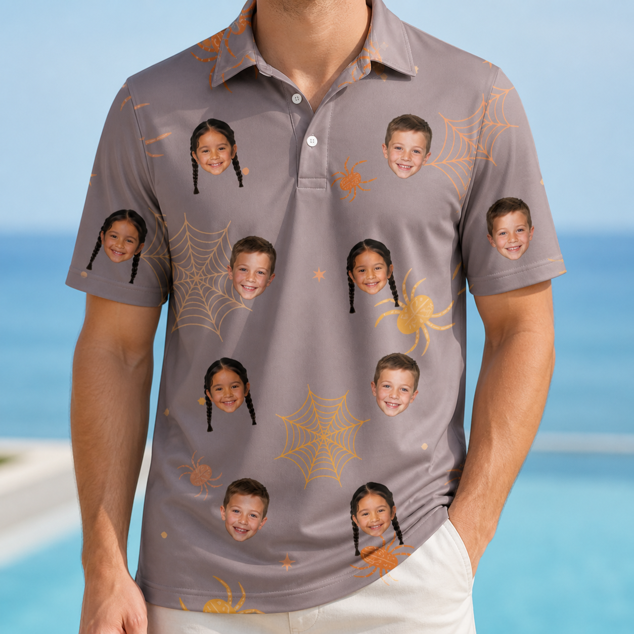 Model wearing Men's Haunted Lattice Custom Face Polo Shirt printed with kids' faces