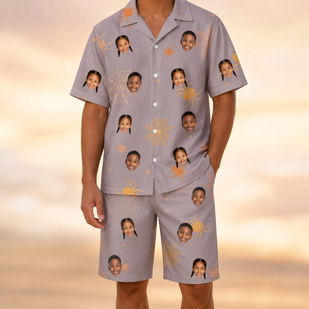 Model wearing Men's Haunted Lattice Custom Face Shirt & Shorts Set printed with kids' faces