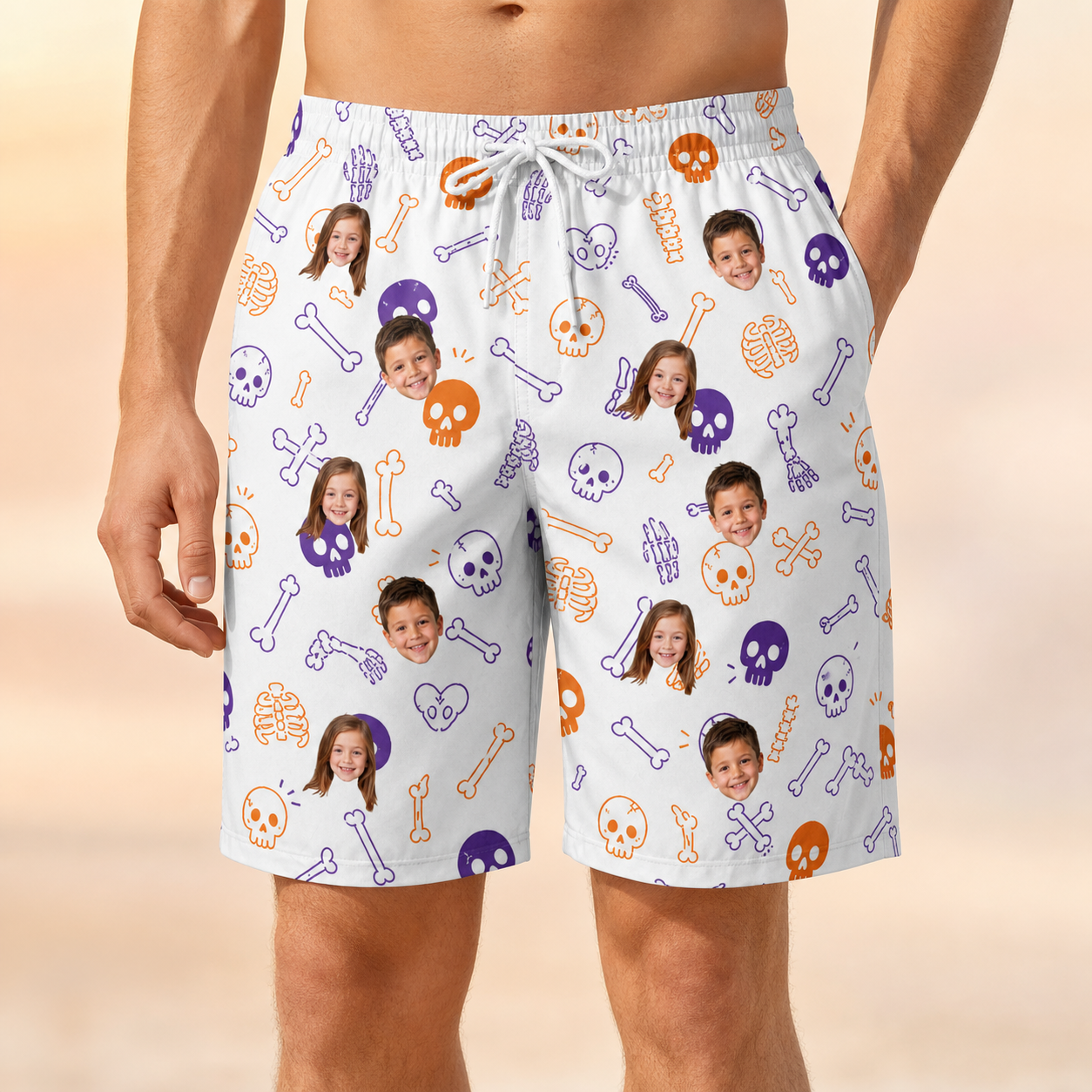Model wearing Men's Humerus Humor Custom Face Beach Shorts printed with kids' faces