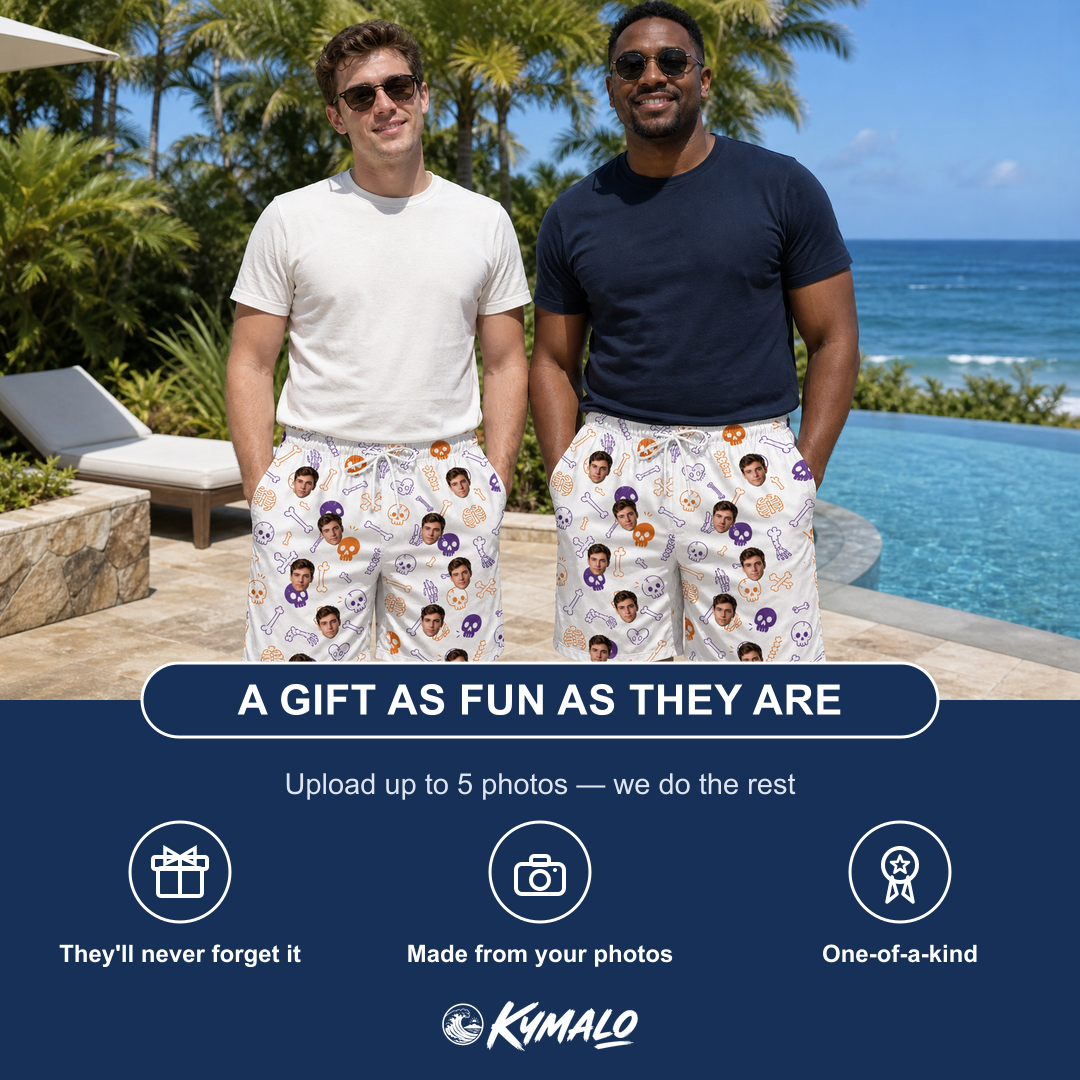 Friends in matching Men's Humerus Humor Custom Face Beach Shorts — a group gift photo