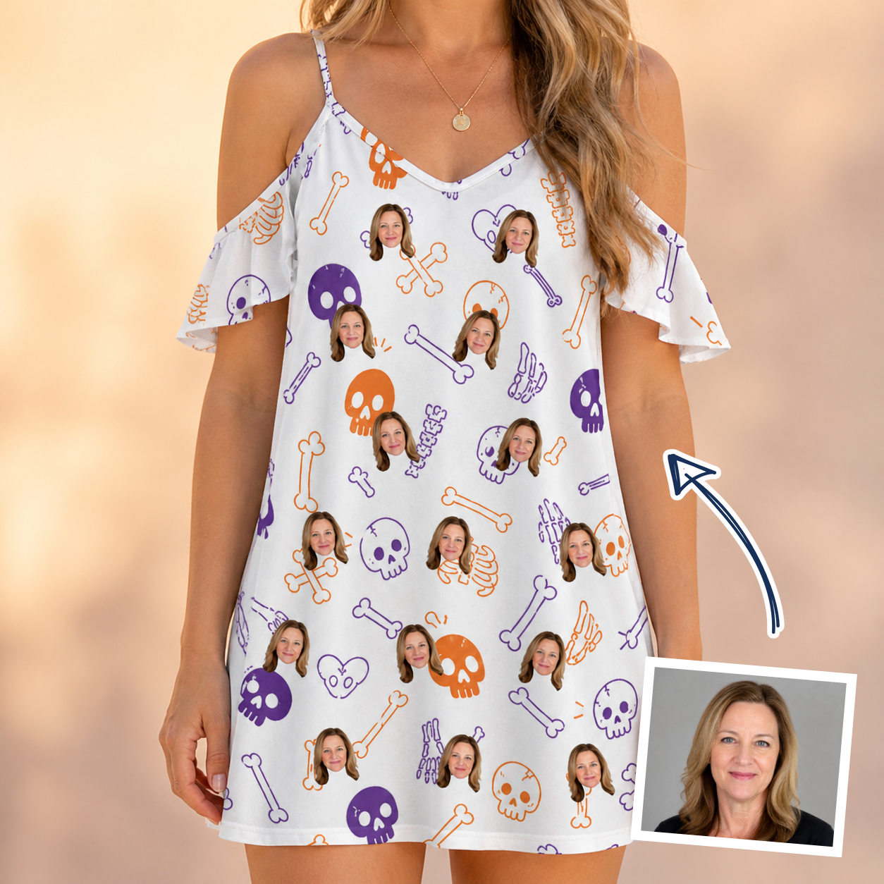 Woman wearing Women's Humerus Humor Custom Face Off-Shoulder Dress — custom faces printed all-over