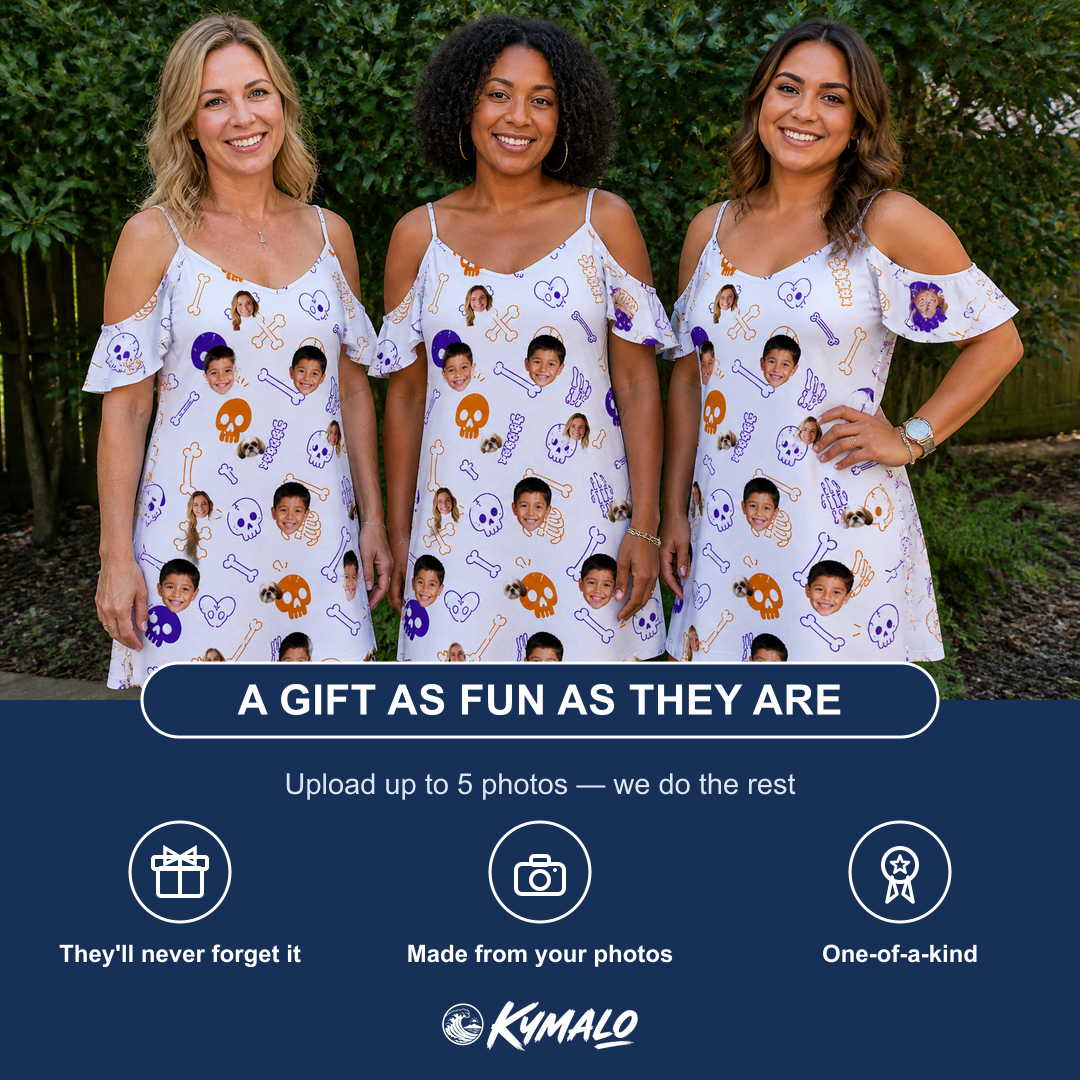 Friends in matching Women's Humerus Humor Custom Face Off-Shoulder Dress — a group gift photo