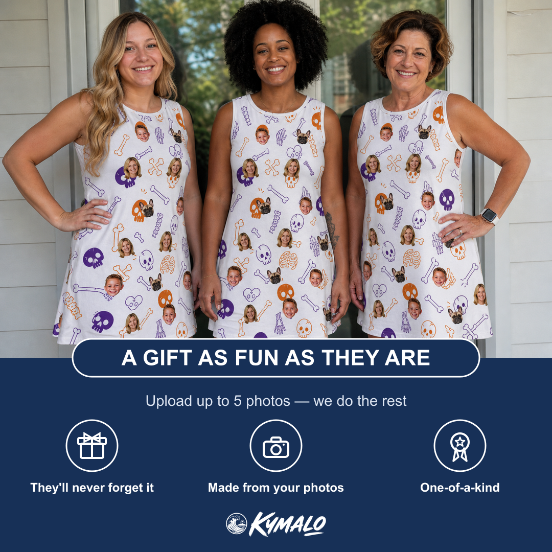 Friends in matching Women's Humerus Humor Custom Face Tank Dress — a group gift photo