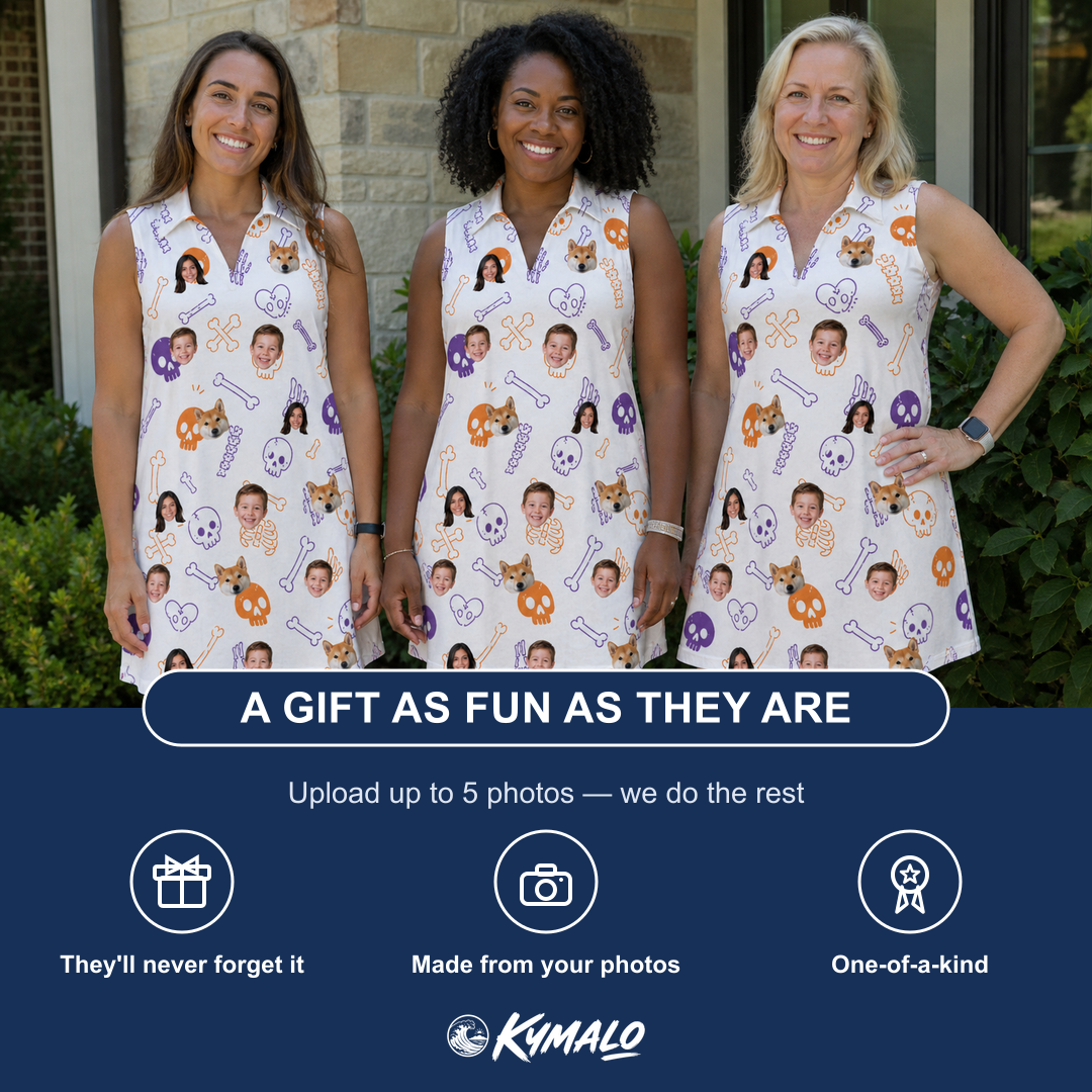Friends in matching Women's Humerus Humor Custom Face V-Neck Dress — a group gift photo