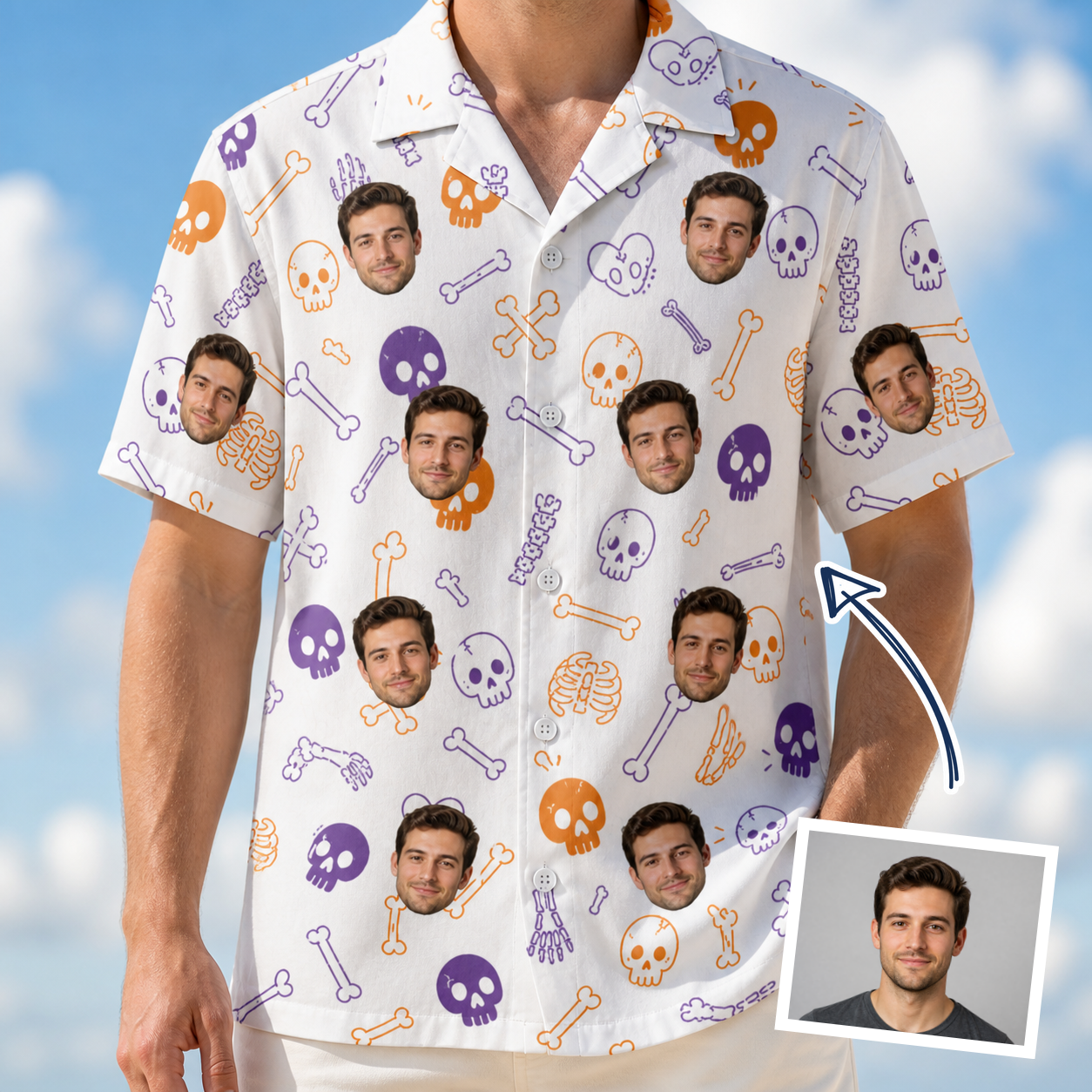 Man wearing Men's Humerus Humor Custom Face Hawaiian Shirt — custom faces printed all-over