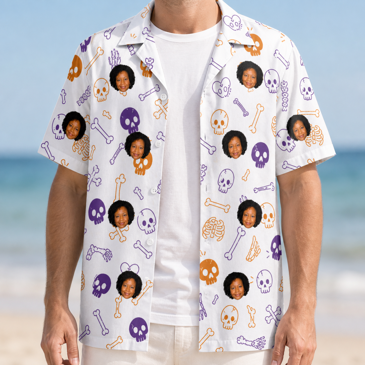 Man wearing Men's Humerus Humor Custom Face Hawaiian Shirt open over a white tee