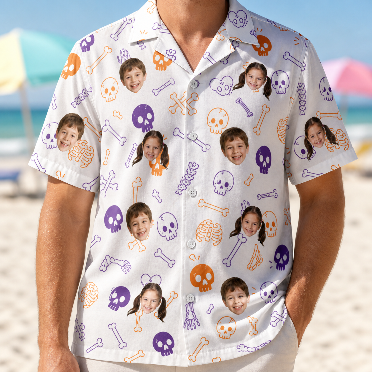 Model wearing Men's Humerus Humor Custom Face Hawaiian Shirt printed with kids' faces