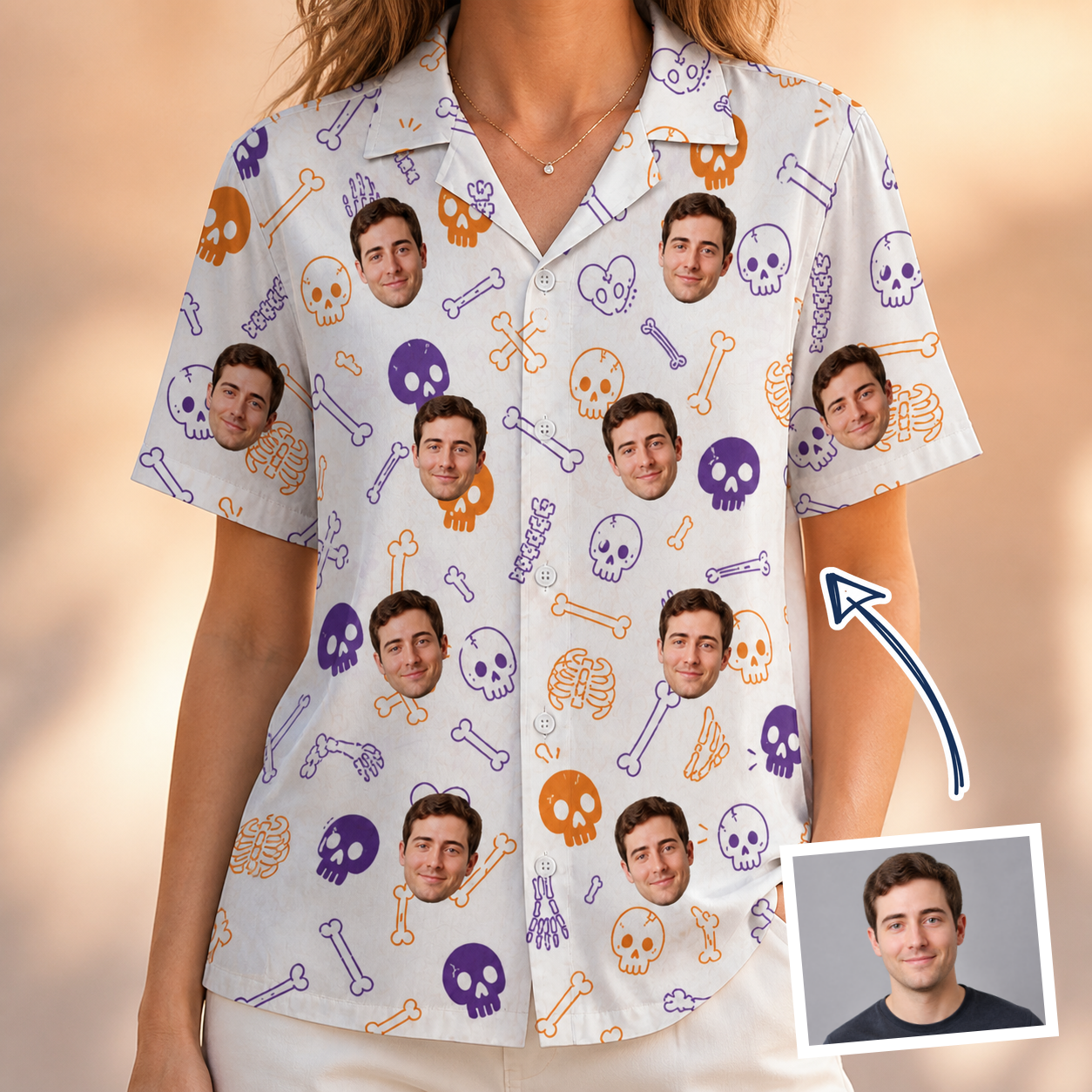 Woman wearing Women's Humerus Humor Custom Face Hawaiian Shirt — custom faces printed all-over