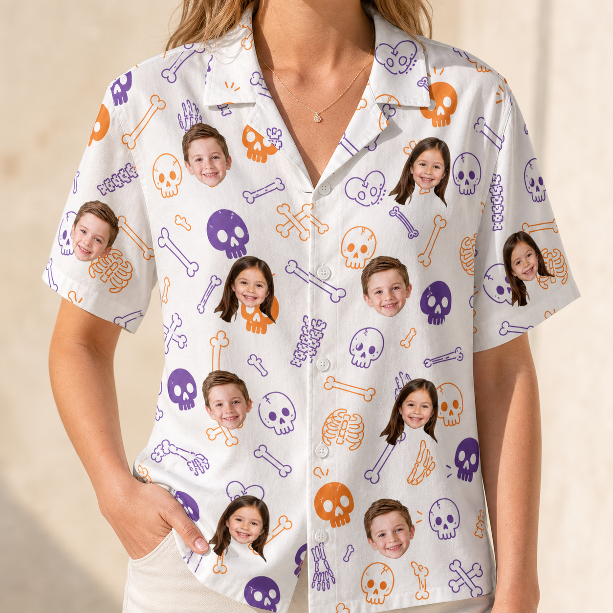 Model wearing Women's Humerus Humor Custom Face Hawaiian Shirt printed with kids' faces