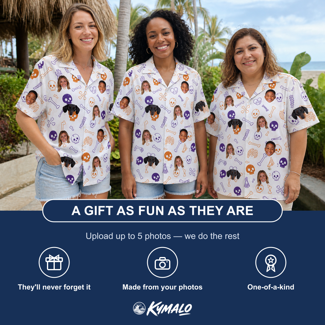Friends in matching Women's Humerus Humor Custom Face Hawaiian Shirt — a group gift photo