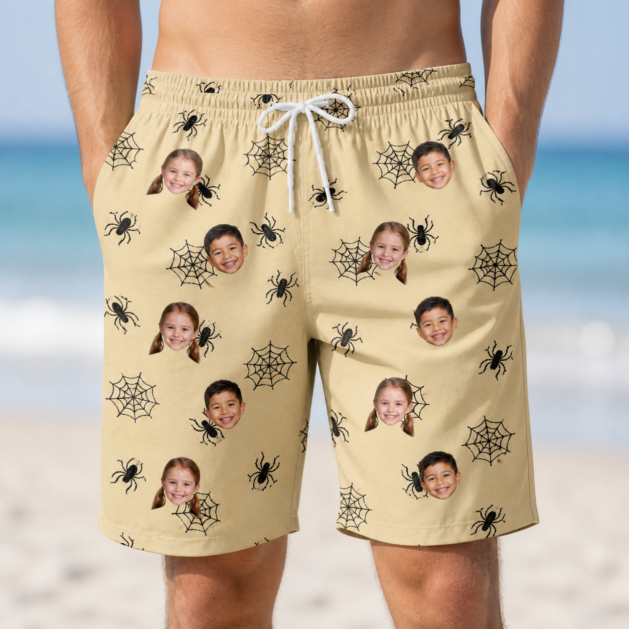 Model wearing Men's Sinister Strands Custom Face Beach Shorts printed with kids' faces