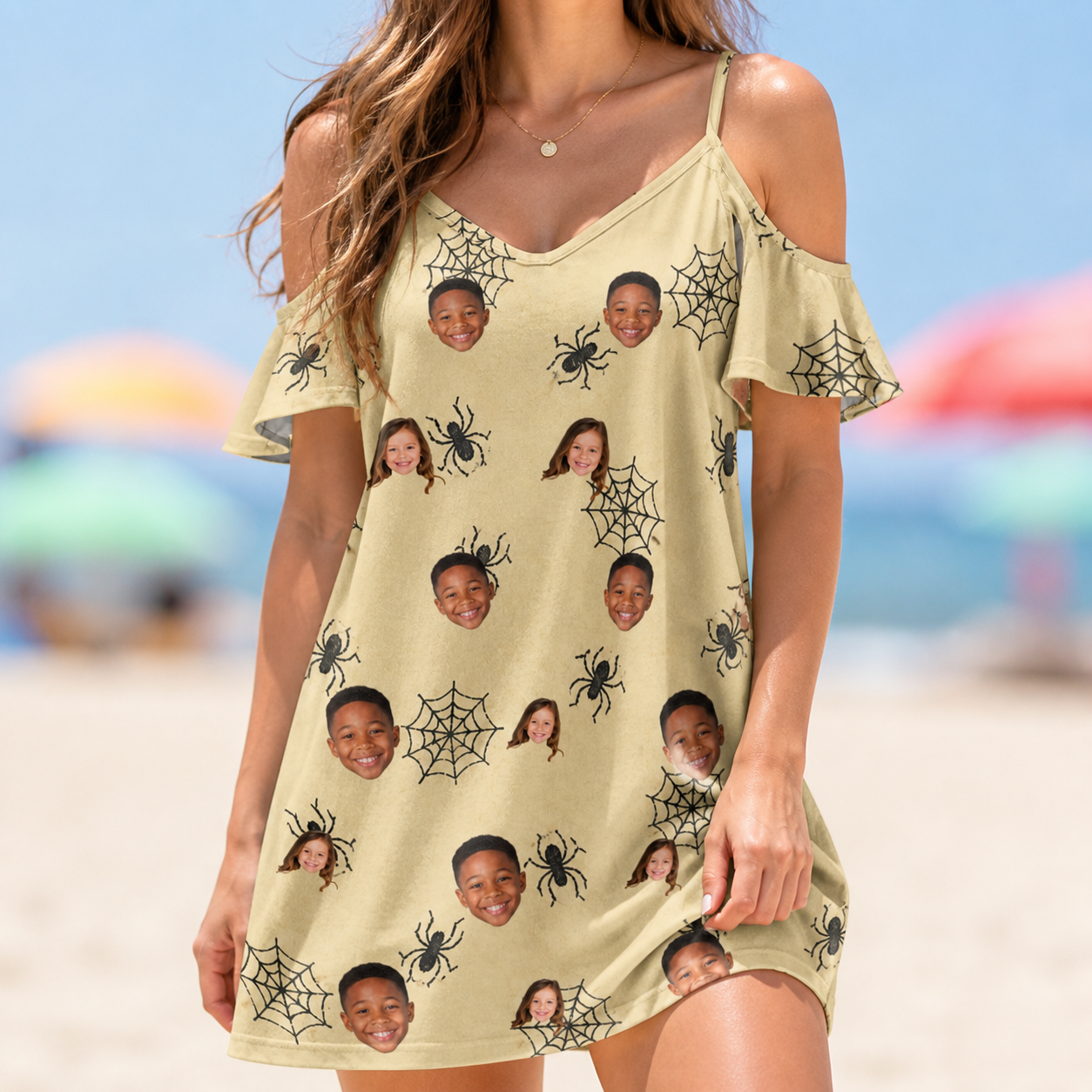 Model wearing Women's Sinister Strands Custom Face Off-Shoulder Dress printed with kids' faces