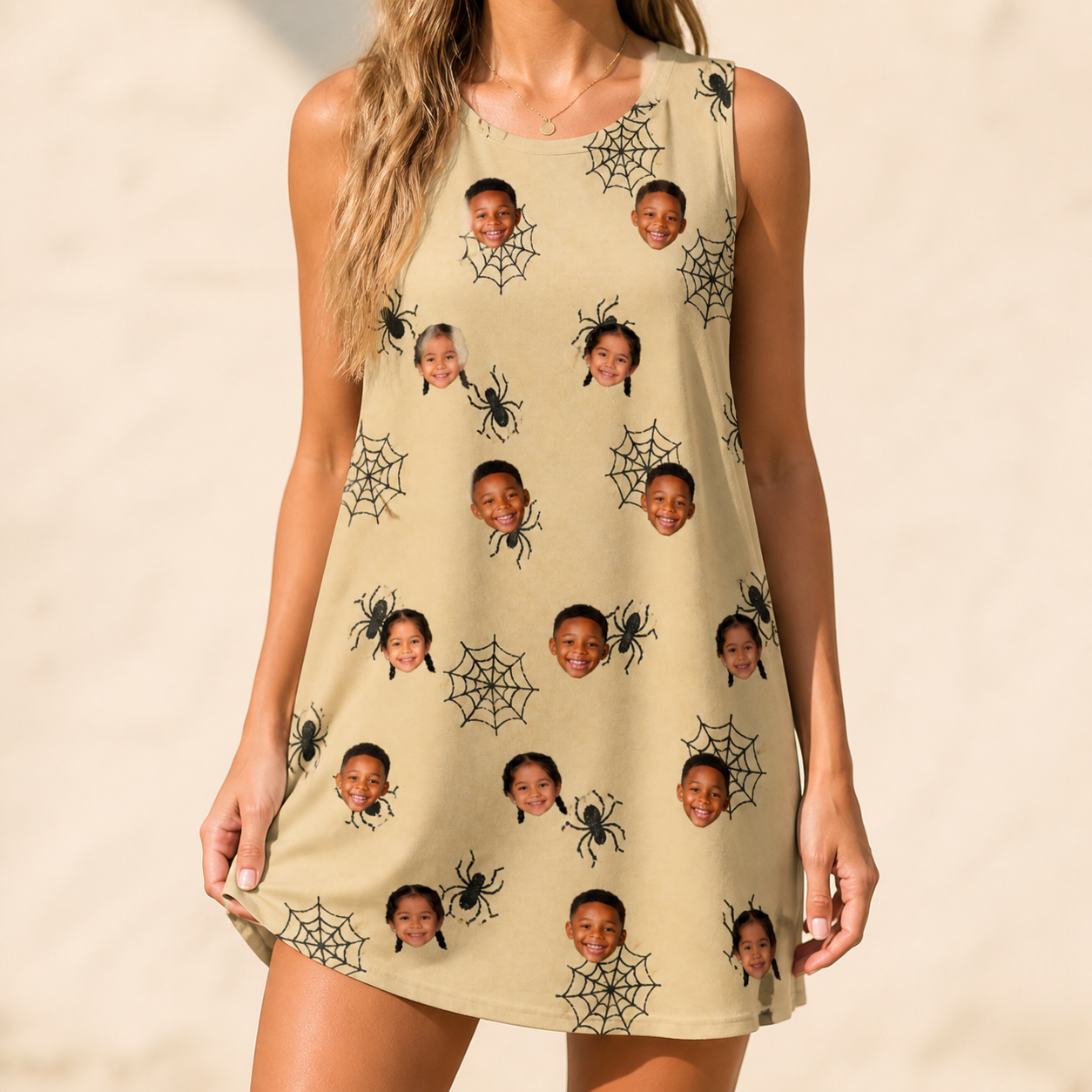 Model wearing Women's Sinister Strands Custom Face Tank Dress printed with kids' faces