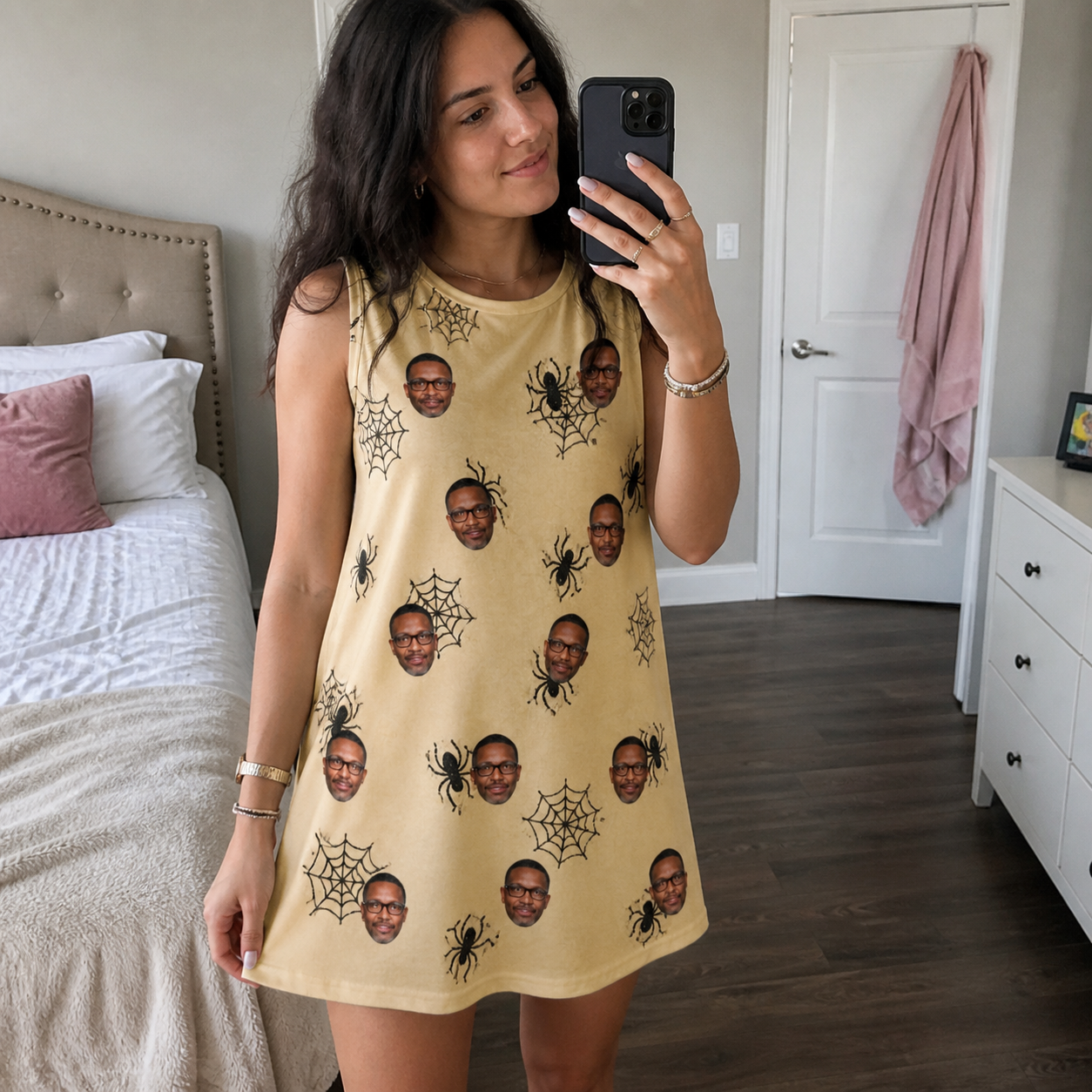 Real-life photo of someone wearing Women's Sinister Strands Custom Face Tank Dress — custom faces printed all-over