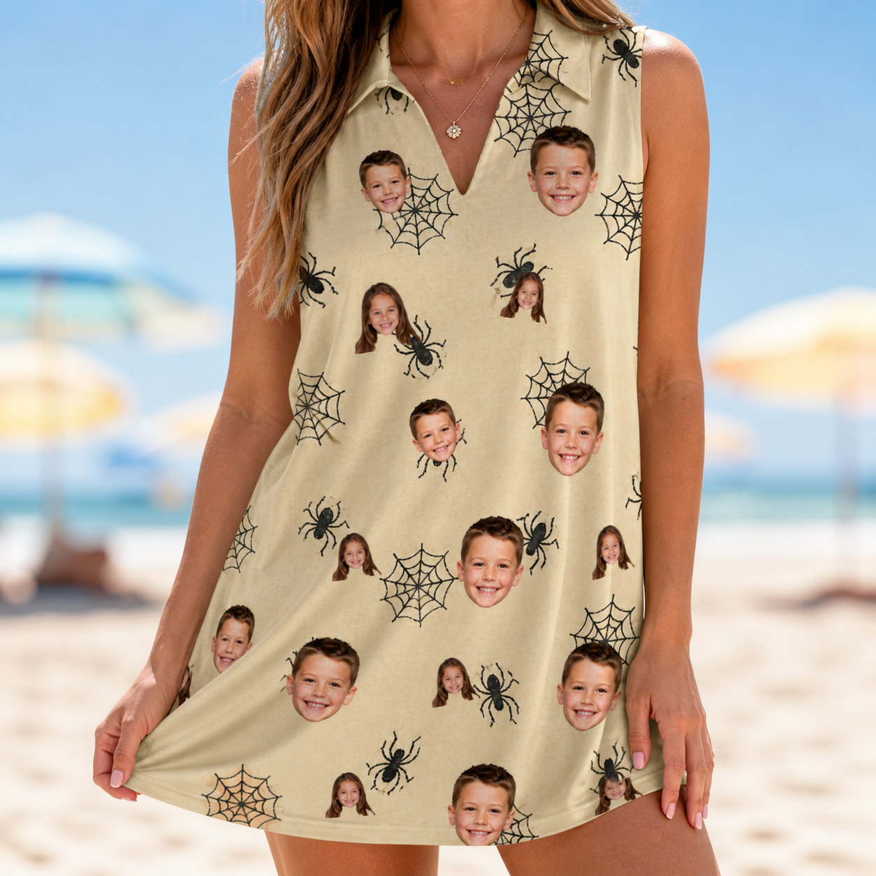 Model wearing Women's Sinister Strands Custom Face V-Neck Dress printed with kids' faces