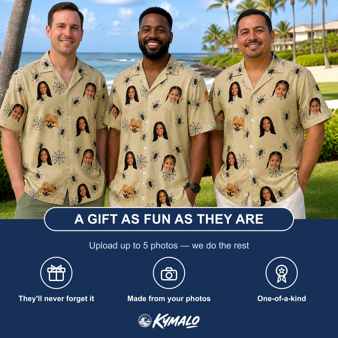 Friends in matching Men's Sinister Strands Custom Face Hawaiian Shirt — a group gift photo