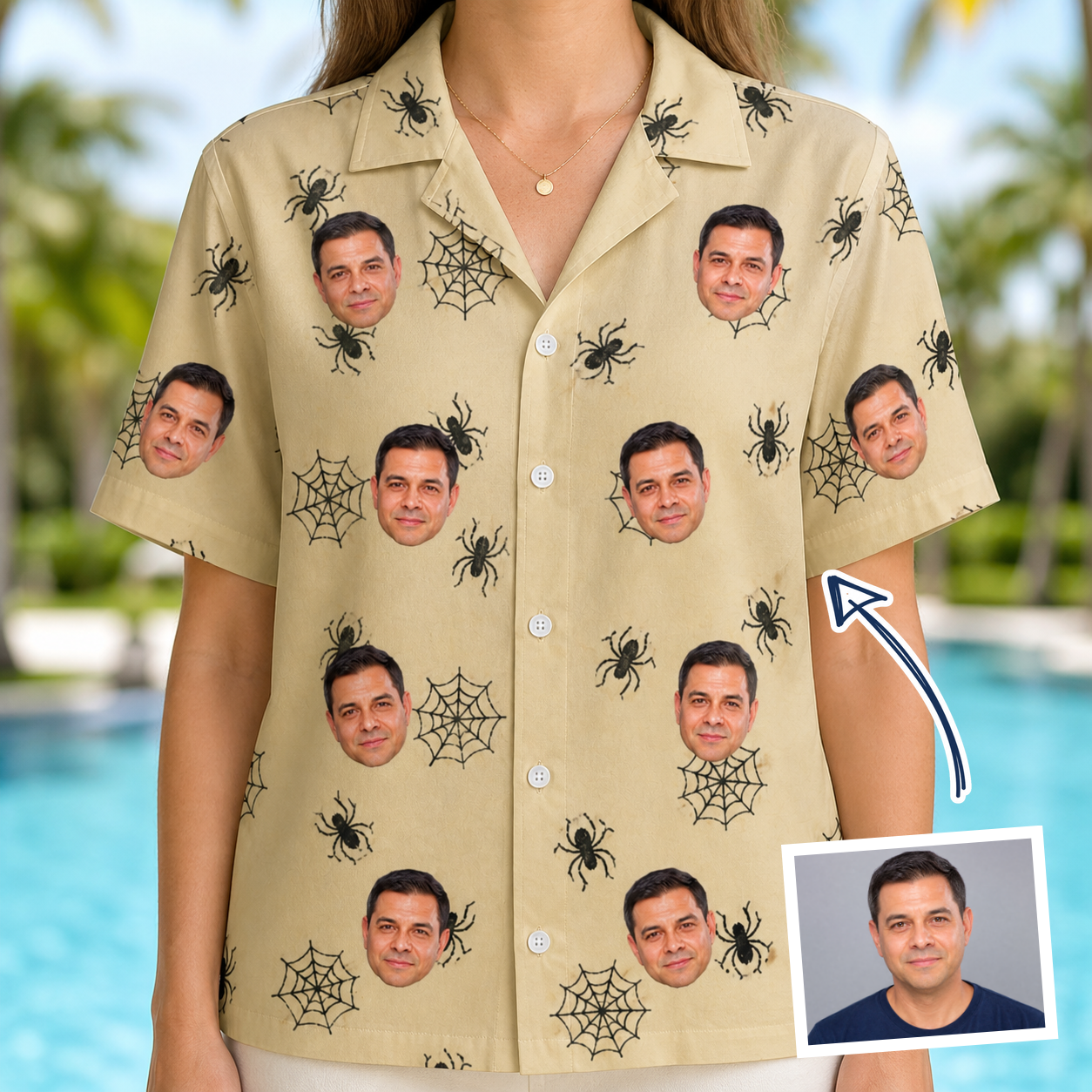 Woman wearing Women's Sinister Strands Custom Face Hawaiian Shirt — custom faces printed all-over