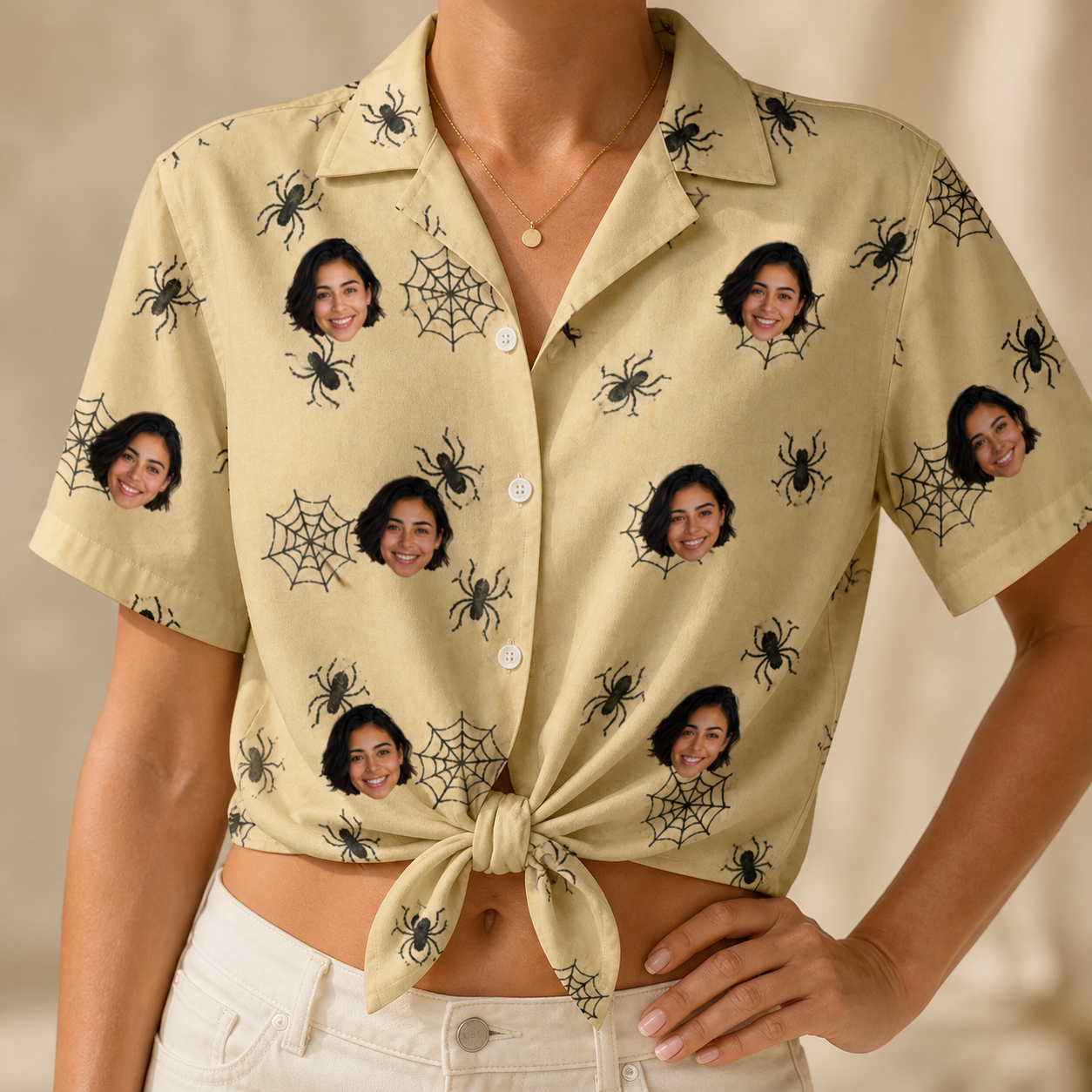 Woman wearing Women's Sinister Strands Custom Face Hawaiian Shirt tied at the waist