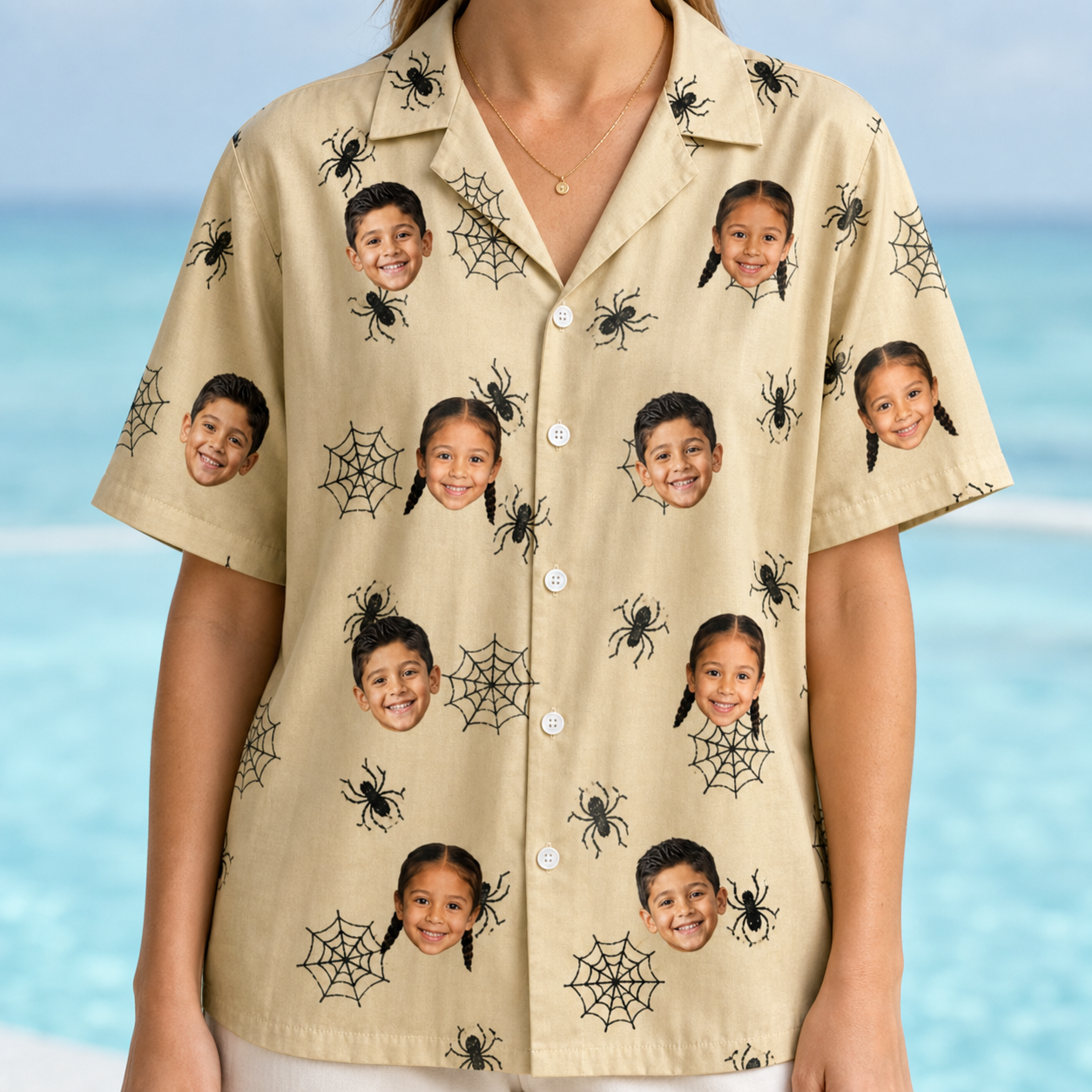 Model wearing Women's Sinister Strands Custom Face Hawaiian Shirt printed with kids' faces