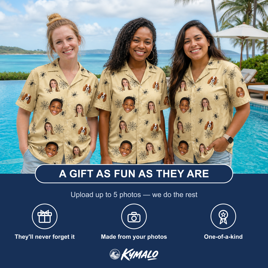 Friends in matching Women's Sinister Strands Custom Face Hawaiian Shirt — a group gift photo