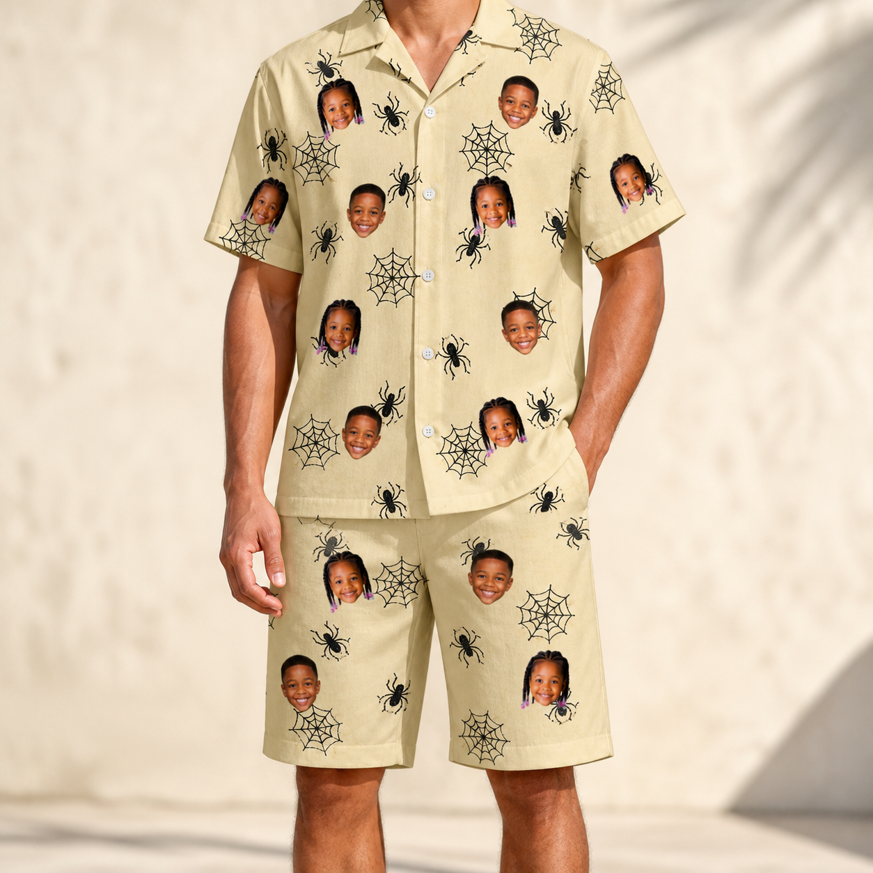 Model wearing Men's Sinister Strands Custom Face Shirt & Shorts Set printed with kids' faces